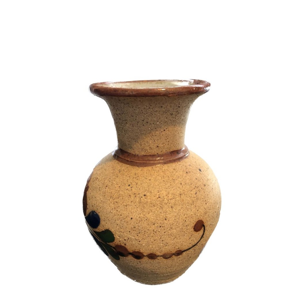 Sandstone Pottery Vase Hand Painted Blue Flowers signed Mexico - Picture 4 of 8